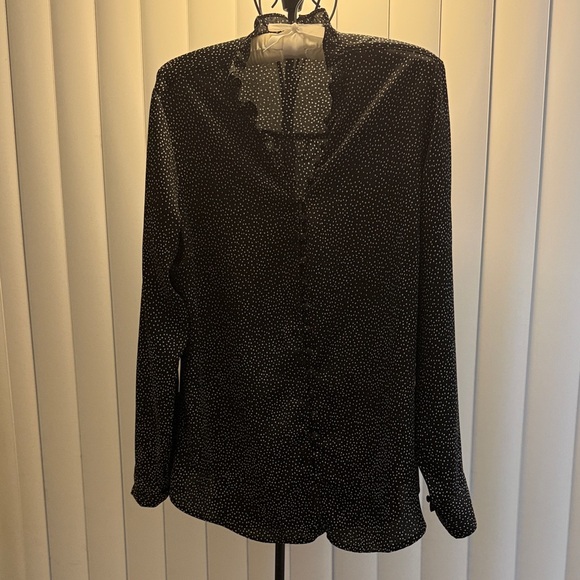 Express Tops - Express Slim Portofino Black Ruffle Collar Polka Dot Blouse Size Large